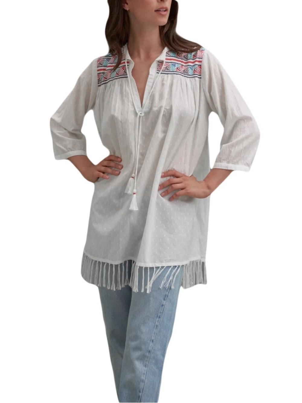 Roller Rabbit White Swiss dot Fringe blouse with Multicolor Yoke Top 10